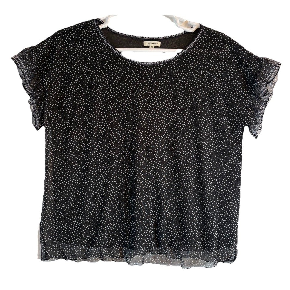 Max Studio Polka Dot Ruffled Sheer Mesh Flutter Sleeve‎ Top Black Women's 1X